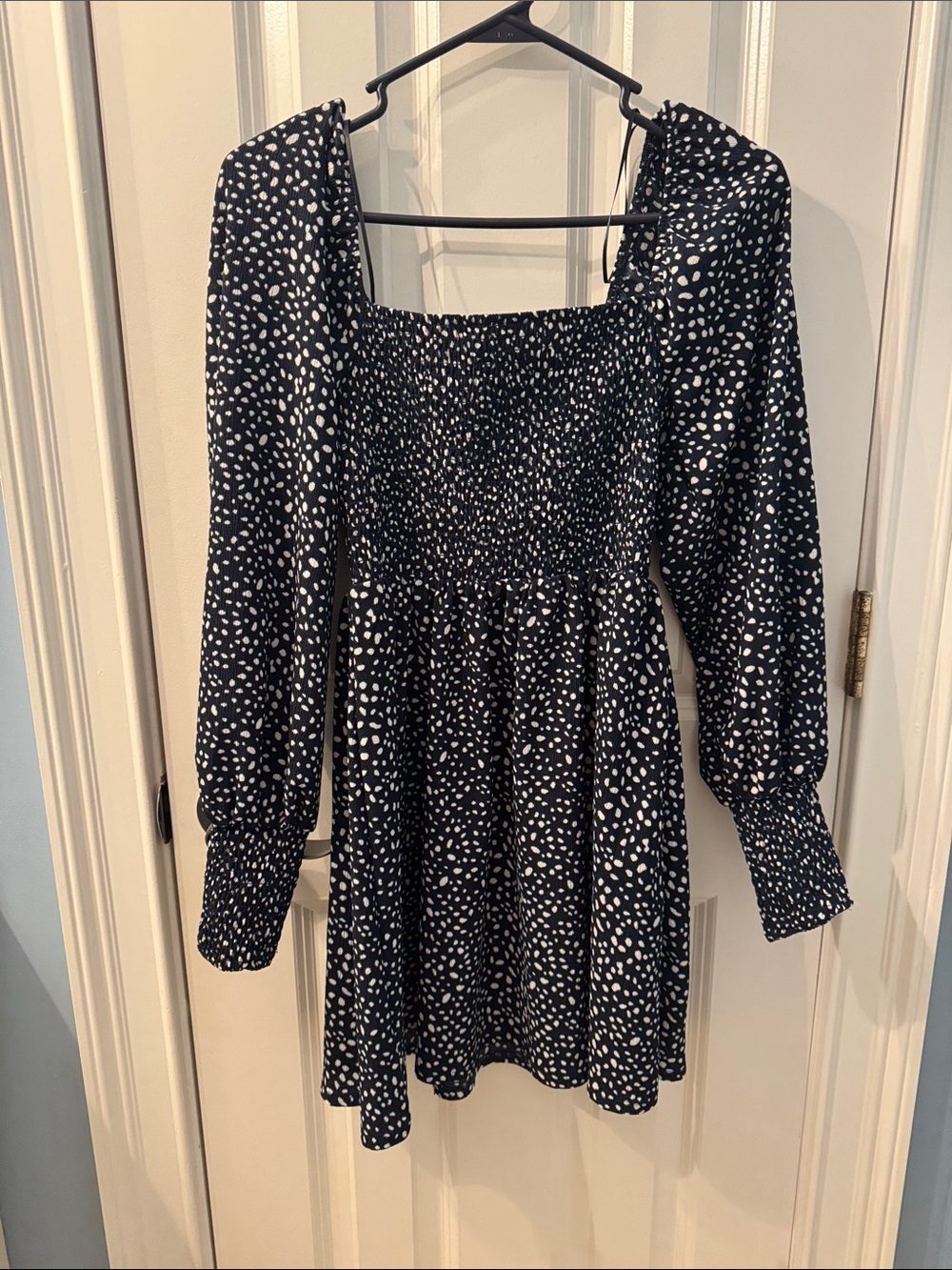 Navy & White Speckled Long Sleeve Smocked Mini Dress